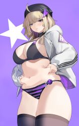 Rule 34 | 1girl, aa-12 (girls&#039; frontline), absurdres, ahoge, beret, blonde hair, blue eyes, blunt bangs, breasts, commission, girls&#039; frontline, hands on own stomach, hat, highres, hood, hoodie, large breasts, navel, panties, pixiv commission, plump, shio05 (05 sio), skindentation, solo, striped clothes, striped panties, thick thighs, thighhighs, thighs, underwear
