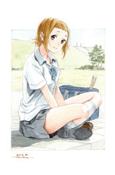 Rule 34 | 1girl, artist name, bag, blue ribbon, brown eyes, brown footwear, brown hair, closed mouth, collared shirt, commentary request, dated, day, drumsticks, grey skirt, hair pulled back, hairband, highres, horikou, indian style, k-on!, loafers, looking at viewer, miniskirt, neck ribbon, orange hairband, outdoors, outside border, painting (medium), pleated skirt, ribbon, school bag, school uniform, shirt, shoes, short hair, short sleeves, signature, sitting, skirt, smile, socks, solo, tainaka ritsu, traditional media, watercolor (medium), white shirt, white socks