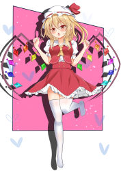 Rule 34 | 1girl, ascot, bad feet, blonde hair, breasts, buttons, collared shirt, fang, flandre scarlet, frilled skirt, frilled sleeves, frills, full body, hair between eyes, hat, hat ribbon, heart, highres, kazehouri (syarodio ganon), leg up, legs, looking at viewer, medium breasts, medium hair, mob cap, multicolored wings, no shoes, open mouth, pink background, puffy short sleeves, puffy sleeves, red eyes, red ribbon, red skirt, red vest, ribbon, shadow, shirt, short sleeves, simple background, skirt, skirt set, solo, thighhighs, touhou, vest, white hat, white shirt, white thighhighs, wings, yellow ascot