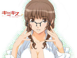 Rule 34 | 1girl, adjusting eyewear, braid, breasts, brown eyes, brown hair, cleavage, derivative work, glasses, kimi kiss, large breasts, mizusawa mao, open clothes, open shirt, parody, shirt, solo, third-party edit, twin braids
