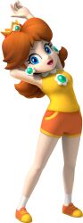 Rule 34 | 1girl, :d, absurdres, arm up, blue eyes, breasts, brown hair, crown, earrings, flower earrings, full body, highres, jewelry, long hair, looking at viewer, mario &amp; sonic at the olympic games, mario (series), medium breasts, nintendo, official alternate costume, official art, open mouth, orange shorts, princess daisy, shirt, shoes, short shorts, shorts, sleeveless, smile, sneakers, solo, sportswear, standing, stretching, tennis daisy, transparent background