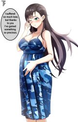 Rule 34 | absurdres, alternate costume, arizona (azur lane), azur lane, blue dress, blush, breasts, brown hair, closed mouth, commander cool, crying, dress, english text, engrish text, green eyes, hair between eyes, hand on own face, hand on own stomach, highres, jewelry, large breasts, long hair, multicolored clothes, multicolored dress, one eye closed, ornate ring, pregnant, ranguage, ring, solo, speech bubble, teardrop, tears, wedding ring, white background