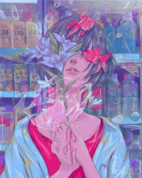Rule 34 | 1girl, air bubble, blue flower, blue jacket, bottle, bouquet, bubble, bug, butterfly, can, chromatic aberration, collaboration, facing viewer, fish, fish request, flower, flower request, goldfish, hands up, highres, holding, holding flower, indoors, bug, jacket, original, red ribbon, red shirt, reflection, ribbon, shirt, short hair, smile, solo, standing, tagme, underwater, wataboku