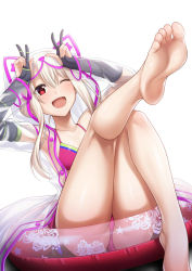 Rule 34 | 1girl, animal hood, bikini, blonde hair, double v, fate/grand order, fate (series), feet, foot focus, foreshortening, highres, hood, illyasviel von einzbern, illyasviel von einzbern (swimsuit archer), illyasviel von einzbern (swimsuit archer) (third ascension), innertube, leg up, lifebuoy, long hair, looking at viewer, one eye closed, open mouth, pink bikini, red eyes, see-through, soles, solo, swim ring, swimsuit, thighs, toes, v