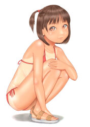 Rule 34 | 1girl, bikini, brown hair, commentary request, flat chest, full body, highres, light smile, looking at viewer, orange eyes, original, red bikini, sandals, short hair, short ponytail, side-tie bikini bottom, simple background, solo, squatting, swimsuit, tan, tanline, toes, uzuki mei, white background