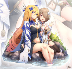 Rule 34 | 2girls, arm support, bianka durandal ataegina, bianka durandal ataegina (valkyrie gloria), black legwear, blonde hair, blue eyes, blush, breasts, brown hair, china dress, chinese clothes, cleavage cutout, clothing cutout, commentary request, dress, floral print, flower, grass, hair between eyes, hair flower, hair ornament, hair over one eye, hand on own chest, highres, honkai (series), honkai impact 3rd, large breasts, long hair, multiple girls, navel, navel cutout, open mouth, red eyes, rita rossweisse, rita rossweisse (artemis), rita rossweisse (maid of celestia), rock, rose print, short hair, shoulder cutout, sitting, sitting on rock, smile, soaking feet, thighhighs, very long hair, water, wristband, xfate