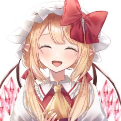 Rule 34 | 1girl, blonde hair, bow, crystal, closed eyes, facing viewer, flandre scarlet, furawast, happy, hat, highres, mob cap, one side up, open mouth, pointy ears, red bow, red vest, short sleeves, simple background, solo, touhou, upper body, vest, white background, wings