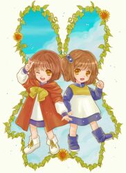Rule 34 | 2girls, arle nadja, blue fire, blue sky, blush, boots, brown hair, compile, dual persona, fire, flower, higurashi 73, looking at viewer, madou monogatari, multiple girls, one eye closed, open mouth, puyopuyo, short hair, side ponytail, sky, smile, sunflower, white footwear, yellow eyes