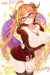 Rule 34 | 1girl, ahoge, black thighhighs, blonde hair, blouse, blush, bow, breasts, cleavage, collarbone, commentary request, dated, dragon girl, dragon horns, glasses, happy birthday, head tilt, highres, hololive, horn bow, horn ornament, horns, houshou marine (artist), jewelry, kiryu coco, kiryu coco (loungewear), large breasts, long hair, looking at viewer, multicolored hair, necklace, official alternate costume, orange hair, pointy ears, red eyes, shirt, simple background, smile, solo, streaked hair, tail, thighhighs, virtual youtuber, white background, white shirt