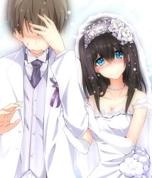 Rule 34 | 10s, 1boy, 1girl, holding another&#039;s arm, bare shoulders, black hair, blue eyes, blush, breasts, bridal veil, bride, brown hair, cleavage, couple, covering face, dress, earrings, elbow gloves, faceless, faceless male, formal, gloves, hetero, highres, idolmaster, idolmaster cinderella girls, jewelry, long hair, natsu (anta tte hitoha), necklace, no eyes, producer (idolmaster), sagisawa fumika, short hair, smile, suit, veil, wavy mouth, wedding dress