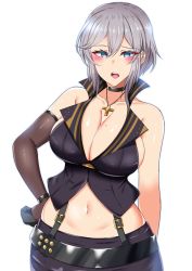 Rule 34 | 1girl, azur lane, bare shoulders, black gloves, blue eyes, breasts, choker, cleavage, cross, cross choker, cross necklace, gloves, grey hair, half gloves, jewelry, kuuki (rakam), large breasts, looking at viewer, mole, mole on breast, necklace, open mouth, overall skirt, short hair, sleeveless, smile, solo, washington (azur lane), wide hips, wrist straps