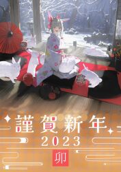 Rule 34 | 1girl, 2023, 38 (sanjuuhachi), animal, happy new year, highres, japanese clothes, kimono, kneeling, new year, original, rabbit, rabbit ears, snow, solo