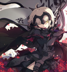 Rule 34 | 1girl, ;), ahoge, armor, black dress, black thighhighs, blurry, depth of field, dress, fate/grand order, fate (series), flag, flower, gauntlets, grey hair, headpiece, holding, holding flag, holding sword, holding weapon, jeanne d&#039;arc (fate), jeanne d&#039;arc alter (avenger) (fate), jeanne d&#039;arc alter (fate), licking, licking blade, licking weapon, looking at viewer, ogipote, one eye closed, parted lips, petals, poinsettia, red flower, smile, solo, standard bearer, sword, thighhighs, weapon, yellow eyes