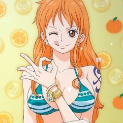Rule 34 | 1girl, bikini, bikini top only, breasts, brown eyes, female focus, large breasts, long hair, looking at viewer, lowres, money gesture, nami (one piece), one eye closed, one piece, orange hair, swimsuit, tongue, tongue out