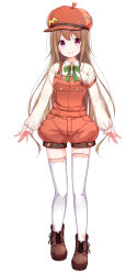 Rule 34 | 1girl, blush, boots, bow, brown footwear, brown hair, brown hat, cabbie hat, closed mouth, collared shirt, commentary request, copyright request, dress shirt, full body, green bow, hat, head tilt, highres, long hair, long sleeves, na53, overall shorts, overalls, puffy long sleeves, puffy sleeves, red eyes, shirt, simple background, sleeves past wrists, smile, solo, standing, thighhighs, very long hair, virtual youtuber, white background, white shirt, white thighhighs