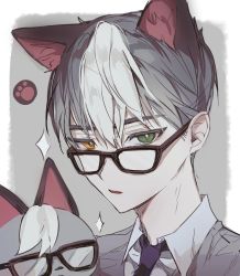 Rule 34 | 2boys, animal, animal crossing, animal ears, black hair, blue neckwear, cat, cat boy, cat ears, creature and personification, glasses, green eyes, hair between eyes, heterochromia, highres, ku ha, male focus, multicolored hair, multiple boys, necktie, nintendo, opaque glasses, parted lips, paw print, personification, portrait, raymond (animal crossing), simple background, sparkle, streaked hair, two-tone background, white hair, yellow eyes