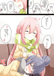 Rule 34 | 2girls, aikawa ryou, black legwear, blue hair, blush, cardigan, closed eyes, closed mouth, comic, commentary request, couch, ear cleaning, eighth note, fingernails, green scarf, grey scarf, hair between eyes, hair bun, hand on another&#039;s head, head tilt, highres, kagamihara nadeshiko, lap pillow, long hair, long sleeves, lying, mimikaki, multiple girls, musical note, nose blush, on couch, on side, open mouth, pantyhose, pink hair, scarf, shima rin, sidelocks, single hair bun, sitting, smile, striped clothes, striped scarf, translation request, very long hair, yuri, yurucamp