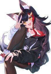 Rule 34 | 1girl, :d, animal ear fluff, animal ears, black hair, black hoodie, black pantyhose, black shorts, choker, foot out of frame, hair ornament, highres, hololive, hood, hoodie, konatsu hare, leg up, long hair, looking at viewer, multicolored hair, official alternate costume, ookami mio, ookami mio (casual), open mouth, pantyhose, pantyhose under shorts, red hair, shorts, sitting, smile, streaked hair, tail, v, virtual youtuber, white background, white footwear, wolf ears, wolf girl, wolf tail, yellow eyes