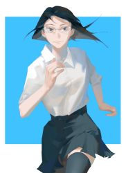 Rule 34 | 1girl, black hair, black skirt, black thighhighs, blue eyes, bn3ppo, buttons, closed mouth, collared shirt, commentary, glasses, haikyuu!!, highres, looking at viewer, mole, mole under mouth, running, school uniform, shimizu kiyoko, shirt, skirt, sleeves rolled up, smile, solo, thighhighs, white shirt
