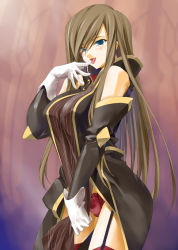 Rule 34 | 00s, 1girl, akaten, blue eyes, blush, breasts, brown hair, dress, elbow gloves, gloves, large breasts, lingerie, long hair, naughty face, panties, pantyshot, red panties, red thighhighs, solo, standing, tales of (series), tales of the abyss, tear grants, thighhighs, tongue, underwear, very long hair