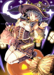 Rule 34 | 1girl, bad id, bad pixiv id, boots, bow, broom, candy, corset, crescent, crescent moon, earrings, food, grey hair, hair ornament, halloween, hat, highres, jack-o&#039;-lantern, jack-o&#039;-lantern earrings, jewelry, moon, night, open mouth, pumpkin, ryuuzaki ichi, skull hair ornament, solo, star (symbol), thighhighs, twintails, witch hat