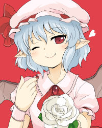 Rule 34 | 1girl, bat wings, blue hair, bow, brooch, fang, flower, hat, hat bow, highres, jewelry, mob cap, nail polish, one eye closed, pointy ears, red background, red eyes, red nails, remilia scarlet, rose, solo, toto (hitori othello), touhou, white flower, white rose, wings