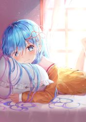 Rule 34 | 1girl, absurdres, alternate costume, blue eyes, blue hair, blush, breasts, commentary request, day, hair ornament, hair over one eye, hair ribbon, highres, indoors, long hair, long sleeves, looking at viewer, lying, on stomach, pillow, pink ribbon, re:zero kara hajimeru isekai seikatsu, refile, rem (re:zero), ribbon, smile, solo, sunlight, x hair ornament