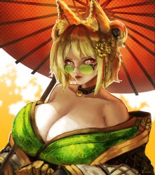 Rule 34 | 1girl, absurdres, animal ears, artist name, bare shoulders, bell, blonde hair, breasts, cleavage, collar, collarbone, earrings, female focus, girls&#039; frontline, glasses, green-tinted eyewear, green-tinted glasses, green kimono, hair ornament, highres, japanese clothes, jewelry, kimono, large breasts, lieeux, lips, lipstick, looking at viewer, looking over eyewear, looking over glasses, makeup, open clothes, p90 (girls&#039; frontline), semi-rimless eyewear, short hair, solo, sunglasses, tagme, tinted eyewear, umbrella