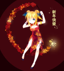 Rule 34 | 1girl, aerial fireworks, agent no.9, aizawa hikaru, aqua eyes, blonde hair, blue eyes, bracelet, breasts, china dress, chinese clothes, chinese new year, cleavage, cleavage cutout, clothing cutout, double bun, dress, fireworks, hair ribbon, high heels, highres, jewelry, medium breasts, microsoft, one eye closed, ribbon, shoes, side slit, silverlight, smile, solo, tomoko kyuu, wink