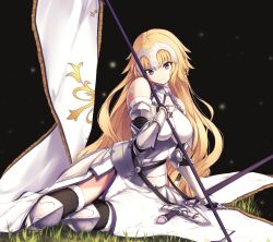 Rule 34 | 1girl, armor, armored dress, bare shoulders, black background, blonde hair, commentary request, dress, enchuu kakiemon, fate/grand order, fate (series), flag, grass, head tilt, headpiece, highres, jeanne d&#039;arc (fate), jeanne d&#039;arc (ruler) (fate), long hair, looking at viewer, purple eyes, sitting, smile, solo, vambraces, very long hair, white dress