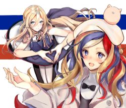 Rule 34 | 2girls, apron, bare shoulders, beret, black bow, blonde hair, blue apron, blue eyes, blue hair, bow, coat, commandant teste (kancolle), dress, eriyama e, hair between eyes, hat, heart, heart hands, kantai collection, long hair, looking at viewer, mole, mole under eye, mole under mouth, multicolored clothes, multicolored hair, multicolored legwear, multiple girls, open mouth, pom pom (clothes), red hair, richelieu (kancolle), streaked hair, wavy hair, white dress, white hair
