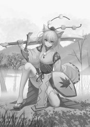 Rule 34 | &gt;:), 1girl, animal ears, detached sleeves, full body, geta, greyscale, hair between eyes, hat, highres, holding, holding sword, holding weapon, inubashiri momiji, kneeling, light smile, long sleeves, looking at viewer, monochrome, obi, on one knee, over shoulder, parted lips, pelvic curtain, pom pom (clothes), recare, ribbon-trimmed legwear, ribbon-trimmed sleeves, ribbon trim, sash, shield, short hair, solo, sword, sword over shoulder, thighhighs, tokin hat, touhou, tree, v-shaped eyebrows, weapon, weapon over shoulder, white thighhighs, wide sleeves, wolf ears