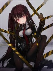 Rule 34 | 1girl, bad id, bad pixiv id, blush, brown gloves, brown pantyhose, caution tape, character name, clenched teeth, girls&#039; frontline, gloves, hair ribbon, hyatsu, long hair, necktie, pantyhose, red eyes, red hair, red necktie, red ribbon, restrained, ribbon, side ponytail, solo, tearing up, teeth, very long hair, wa2000 (girls&#039; frontline)