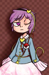 Rule 34 | 1girl, absurdres, bad id, bad twitter id, checkered background, collar, dungeon toaster, eyeball, frills, hair ornament, hairband, heart, heart hair ornament, highres, inactive account, komeiji satori, long sleeves, looking at viewer, one eye closed, purple eyes, purple hair, sleeves past wrists, solo, touhou, upper body