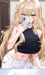 Rule 34 | 1girl, absurdres, bare arms, bare shoulders, black shirt, blonde hair, blue eyes, breasts, cellphone, covering own mouth, crop top, hailiu, hair intakes, hand up, highres, holding, holding phone, i became an academy award-winning villain, large breasts, long hair, looking at viewer, midriff, navel, novel illustration, official art, pants, phone, selfie, shirt, sleeveless, sleeveless shirt, smartphone, solo, stomach, taut clothes, taut shirt, very long hair, white pants