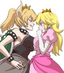 Rule 34 | 2girls, black nails, blonde hair, blue eyes, bowsette, bracelet, breast press, breasts, collar, commentary request, crown, dress, earrings, elbow gloves, face-to-face, gloves, grin, horns, jewelry, large breasts, long hair, looking at another, mario (series), multiple girls, nail polish, new super mario bros. u deluxe, nintendo, pink dress, ponytail, princess peach, puffy short sleeves, puffy sleeves, risapaso, shell, short sleeves, smile, spiked bracelet, spiked collar, spikes, strapless, strapless dress, super crown, symmetrical docking, white background, white gloves, yuri