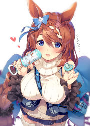 Rule 34 | 1girl, :d, animal ears, bag, between breasts, blue bow, blue eyes, blue skirt, blush, bow, braid, breasts, brown hair, from above, hair between eyes, hair bow, hands up, heart, highres, holding, horse ears, large breasts, long hair, looking at viewer, looking up, moeki yuuta, multicolored hair, open mouth, pacifier, pleated skirt, rattle, ribbed legwear, ribbed sweater, shoulder bag, simple background, skirt, smile, solo, strap between breasts, super creek (umamusume), sweater, thighhighs, turtleneck, turtleneck sweater, two-tone hair, umamusume, very long hair, white background, white hair, white sweater, white thighhighs