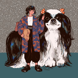 Rule 34 | 1girl, absurdres, animal, black footwear, black hair, black pants, dated, dog, dog treat, food, hand up, highres, holding, holding food, long sleeves, original, oversized animal, oversized food, oversized object, pants, procreate (medium), shirt, shoes, short hair, signature, solo, standing, tomidoron, white shirt, wide shot