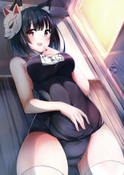 Rule 34 | 1girl, absurdres, animal ear fluff, animal ears, azur lane, black hair, blue one-piece swimsuit, blush, breasts, cat ears, cat mask, door, highres, hiragi ringo, indoors, looking at viewer, mask, mask on head, medium breasts, name tag, old school swimsuit, one-piece swimsuit, open mouth, school swimsuit, short hair, smile, solo, sunlight, swimsuit, thighhighs, white thighhighs, yamashiro (azur lane), yamashiro (summer offensive?) (azur lane)