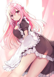 Rule 34 | 1girl, :o, apron, ass, blush, bow, breasts, brown dress, commentary request, curtains, dress, frilled apron, frilled dress, frills, hair between eyes, highres, leaning forward, long hair, looking at viewer, looking back, maid, maid headdress, medium breasts, minami saki, original, parted lips, pink hair, purple eyes, red bow, solo, very long hair, white apron, white bow