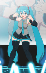 Rule 34 | 1girl, aqua eyes, aqua hair, aqua necktie, armpits, bare shoulders, black footwear, black sleeves, blush, boots, breasts, commentary request, concert, dancing, detached sleeves, glowstick, hatsune miku, headphones, headset, highres, large breasts, long hair, mage (harumagedon), medium breasts, monitor, necktie, plump, shiny skin, skindentation, solo focus, stage lights, thick thighs, thigh boots, thighhighs, thighs, twintails, very long hair, vocaloid, wireless, zettai ryouiki, zoom layer