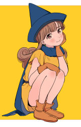 1girl alena_(dq4) blush boots brown_eyes brown_hair cape curly_hair dragon_quest dragon_quest_iv dress full_body gloves hat head_rest legs long_hair looking_at_viewer miyama_(kannsannn) simple_background smile solo square_enix squatting thighs