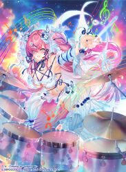 1girl bikini blue_eyes breasts cleavage commentary_request copyright_notice drum drum_set drumsticks frederica_(z/x) frilled_bikini frills highres holding holding_drumsticks instrument large_breasts long_hair looking_at_viewer mermaid monster_girl musical_note navel obiwan pink_hair smile solo swimsuit very_long_hair weisuoxin white_bikini z/x