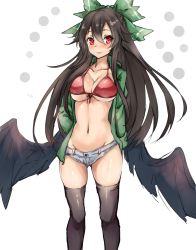 Rule 34 | 1girl, 3:, amagi (amagi626), bikini, bikini top only, black hair, black thighhighs, black wings, blush, bow, breasts, circle, collarbone, commentary request, denim, denim shorts, feet out of frame, green bow, green jacket, grey shorts, groin, hair between eyes, hair bow, hand in pocket, highres, hood, hooded jacket, jacket, large breasts, long hair, long sleeves, looking at viewer, low wings, navel, red bikini, red eyes, reiuji utsuho, short shorts, shorts, simple background, skindentation, sleeves past fingers, sleeves past wrists, solo, standing, stomach, swimsuit, thighhighs, thighs, touhou, underboob, very long hair, white background, wings