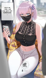 Rule 34 | 1girl, aqua eyes, braid, breasts, cellphone, crop top, english text, glasses, grey hair, hair ornament, hairclip, highres, hololive, hololive indonesia, landacdeus, large breasts, mask, midriff, mouth mask, navel, pants, pavolia reine, pavolia reine (street), phone, shirt, short hair, sitting, sleeveless, sleeveless shirt, solo focus, surgical mask, thighs, train interior, virtual youtuber