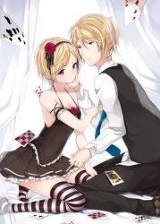 Rule 34 | 1boy, 1girl, age difference, aged up, argyle, arm grab, bad id, bad pixiv id, bare shoulders, black dress, blonde hair, blue eyes, blue necktie, blush, breasts, brother and sister, card, cleavage, covered navel, dress, floating card, flower, frills, hair flower, hair ornament, hairband, hand on another&#039;s face, kagamine len, kagamine rin, kawauchi (kaz7ry), long sleeves, medium breasts, necktie, no shoes, playing card, red flower, red rose, rose, shirt, short hair, siblings, sleeveless, sleeveless dress, striped clothes, striped thighhighs, thighhighs, twins, vest, vocaloid, white shirt
