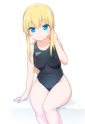 Rule 34 | 1girl, arm support, blonde hair, blue eyes, breasts, competition swimsuit, covered navel, fitness (manga), looking at viewer, low ponytail, medium breasts, one-piece swimsuit, simple background, sitting, smile, solo, stroma, swimsuit, tsubaki rei