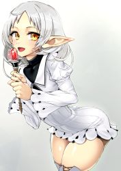 Rule 34 | 1girl, ass, brown eyes, commentary request, dress, elf, eyelashes, forehead, holding, holding wand, juliet sleeves, long sleeves, looking at viewer, medium hair, mushoku tensei, ninopal, open mouth, pointy ears, puffy sleeves, short dress, simple background, smile, solo, spoilers, sylphiette (mushoku tensei), thighhighs, thighs, tongue, wand, white dress, white hair
