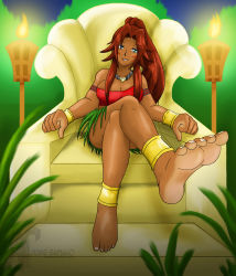 Rule 34 | anklet, barefoot, blue eyes, bracelet, dark skin, facepaint, feet, grass skirt, highres, jewelry, necklace, red hair, soles, strapless, toes, tube top