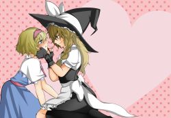 Rule 34 | 2girls, absurdres, alice margatroid, apron, black socks, blonde hair, blush, braid, buckle, eye contact, female focus, fingerless gloves, from side, gloves, hand on another&#039;s face, heart, highres, kirisame marisa, kneehighs, looking at another, multiple girls, pill, pink background, shinsei (easycross1226), short sleeves, side braid, single braid, smile, socks, touhou, waist apron, yuri